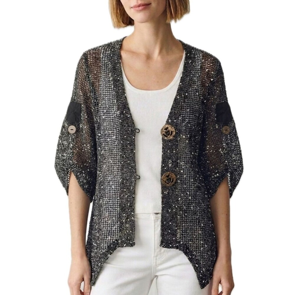 Katie Todd Speckled Open Crochet Knit Mesh Cardigan Womens Size M Sharkbite Hem
